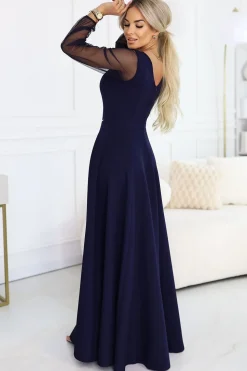 Robe longue bleue chic manches transparentes