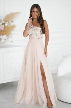 Robe longue fendue beige pour demoiselle d'honneur
