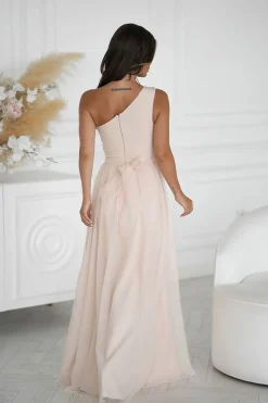 Robe longue fendue beige pour demoiselle d'honneur