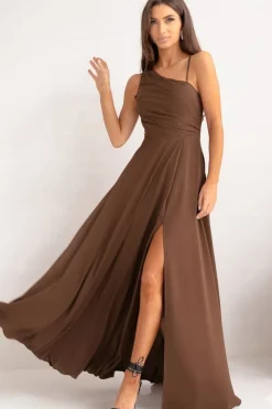 Robe longue fendue marron chocolat