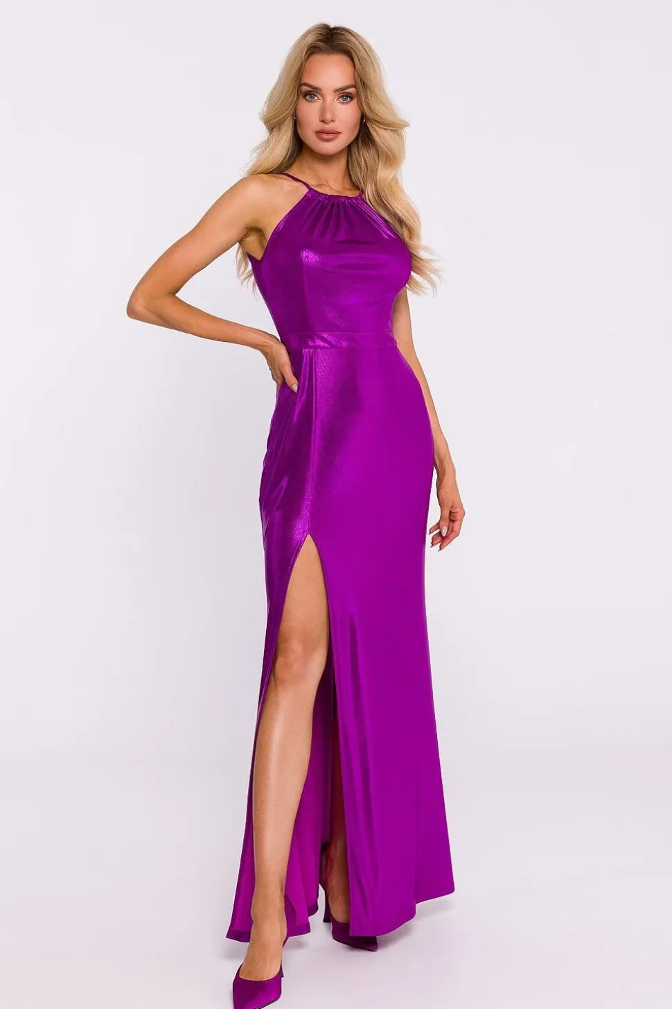 Robe longue fendue métalissée