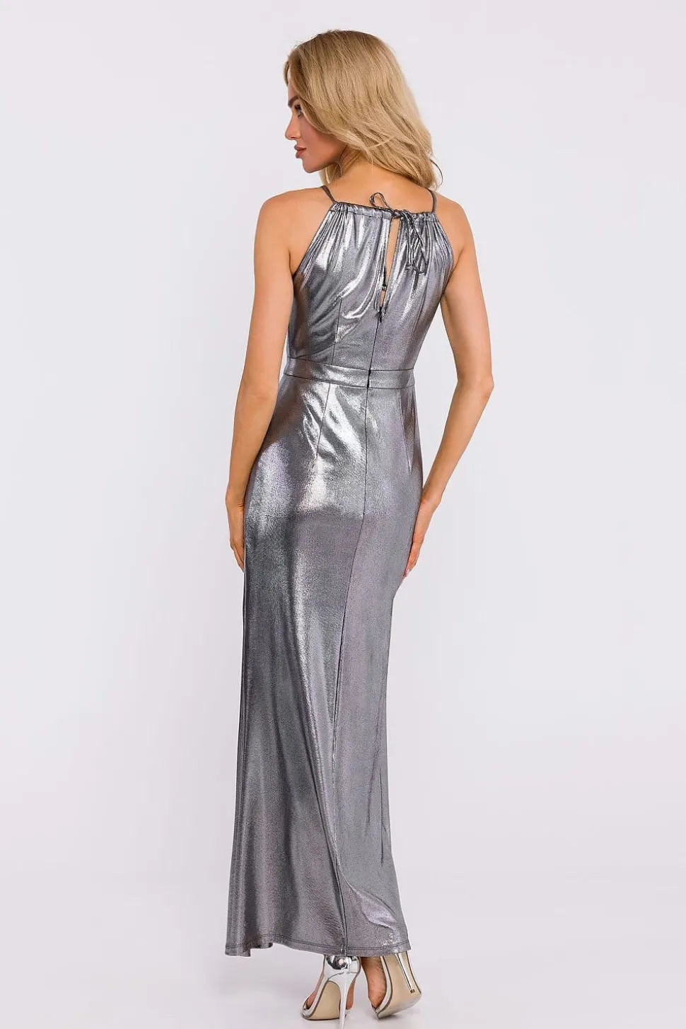 Robe longue fendue métalissée