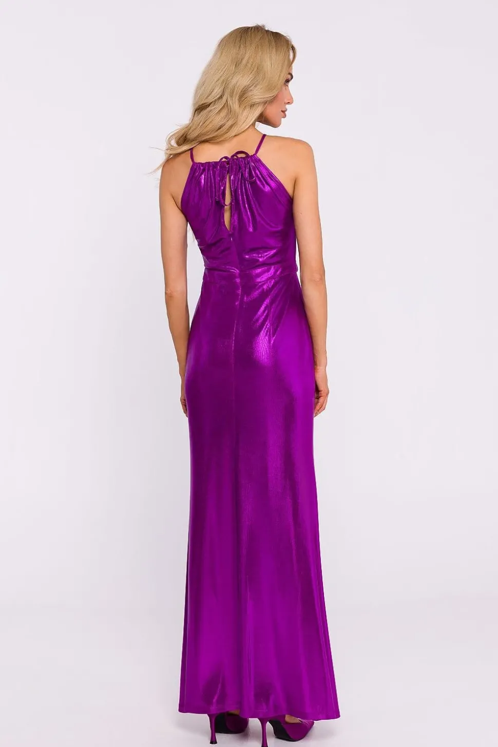 Robe longue fendue métalissée