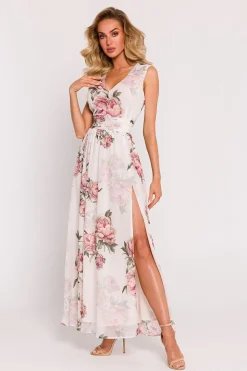 Robe longue fleurie fendue sans manches