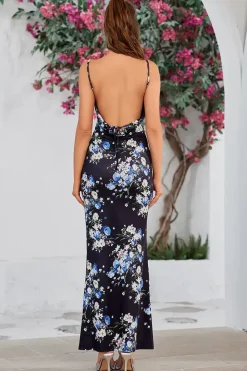 Robe longue à imprimé floral dos nu fente haute