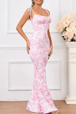 Robe longue moulante rose motif fleuri