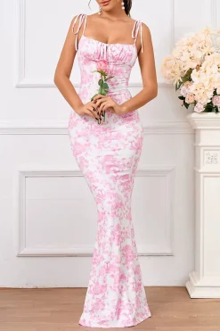 Robe longue moulante rose motif fleuri