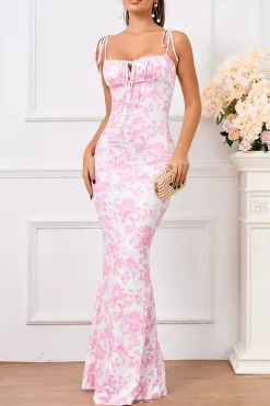 Robe longue moulante rose motif fleuri