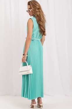 Robe longue plissée turquoise sans manches