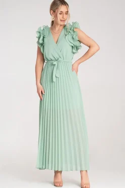 Robe longue plissée verte pour invitée au mariage