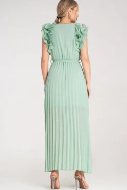 Robe longue plissée verte pour invitée au mariage