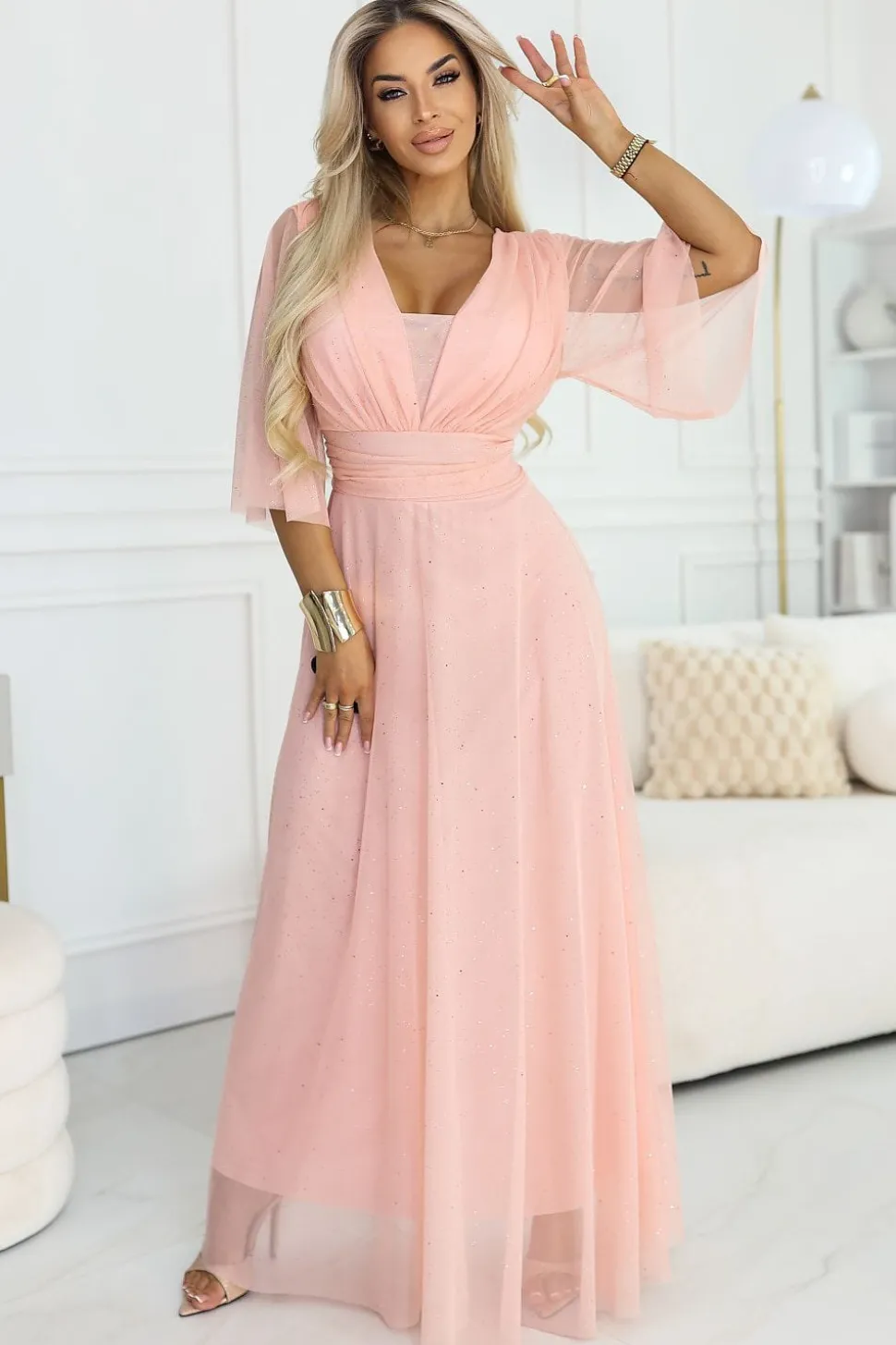 Robe longue rose de soirée chic manches en tulle