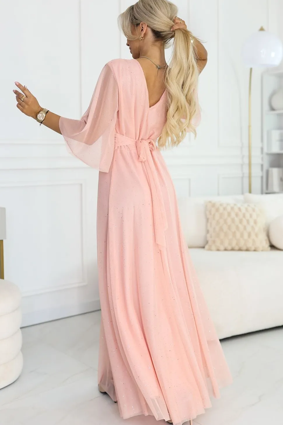 Robe longue rose de soirée chic manches en tulle