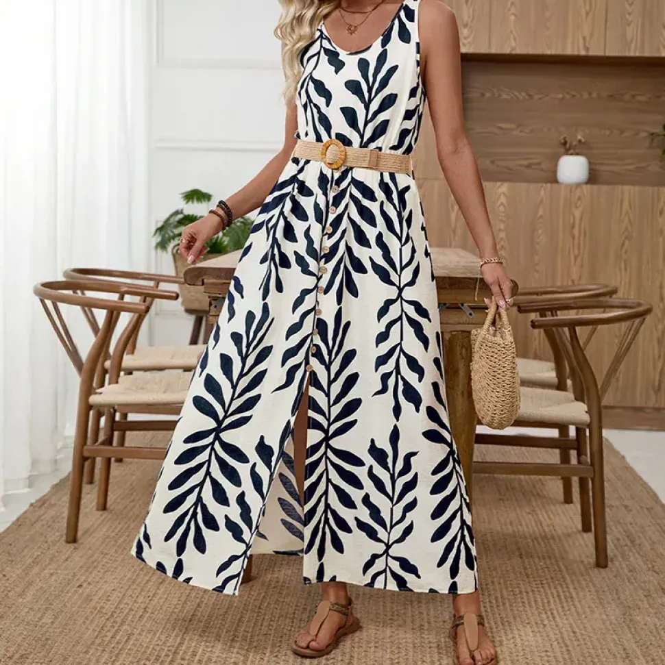 Robe longue sans manches avec ceinture à motif de feuilles