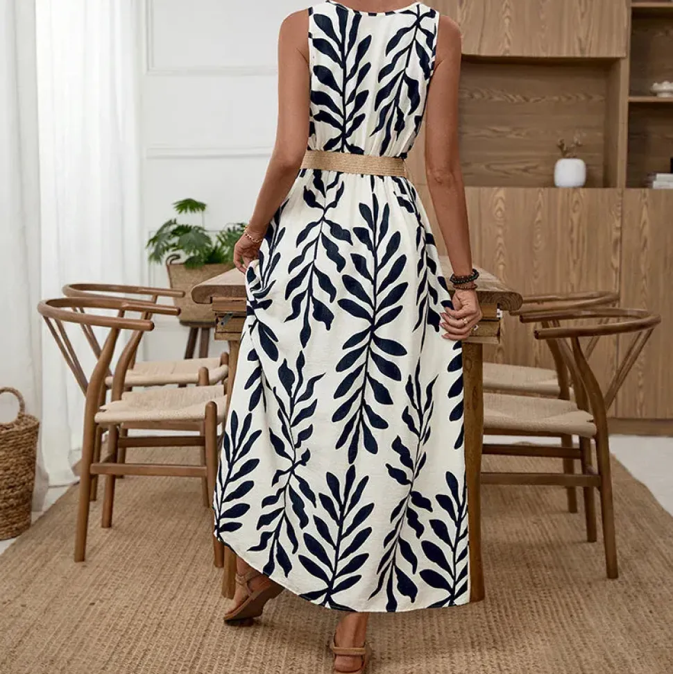 Robe longue sans manches avec ceinture à motif de feuilles