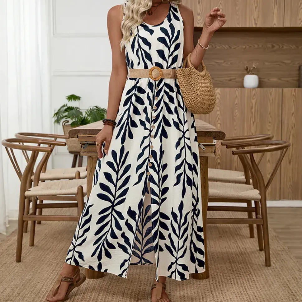 Robe longue sans manches avec ceinture à motif de feuilles