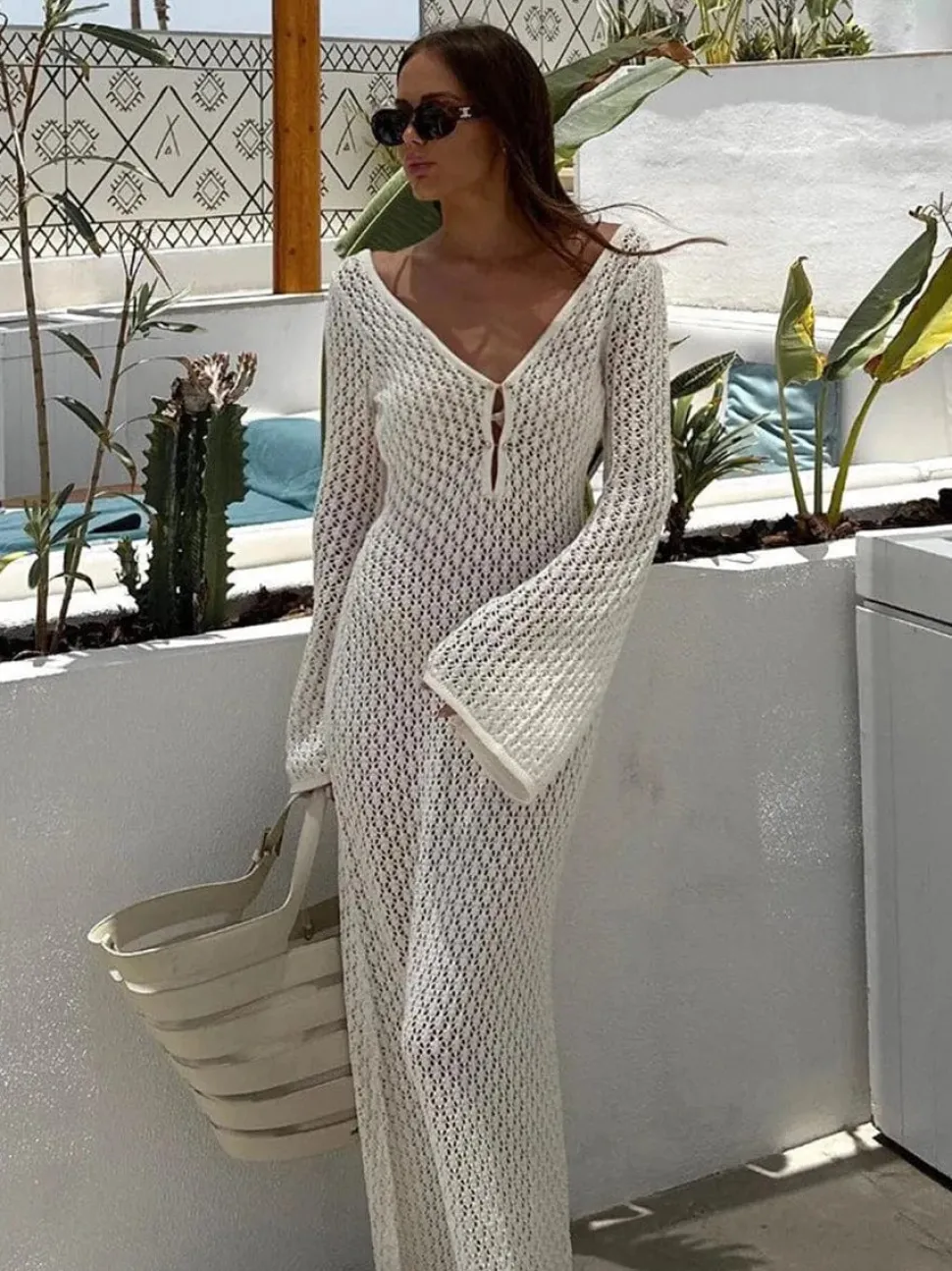 Robe longue été en maille blanche