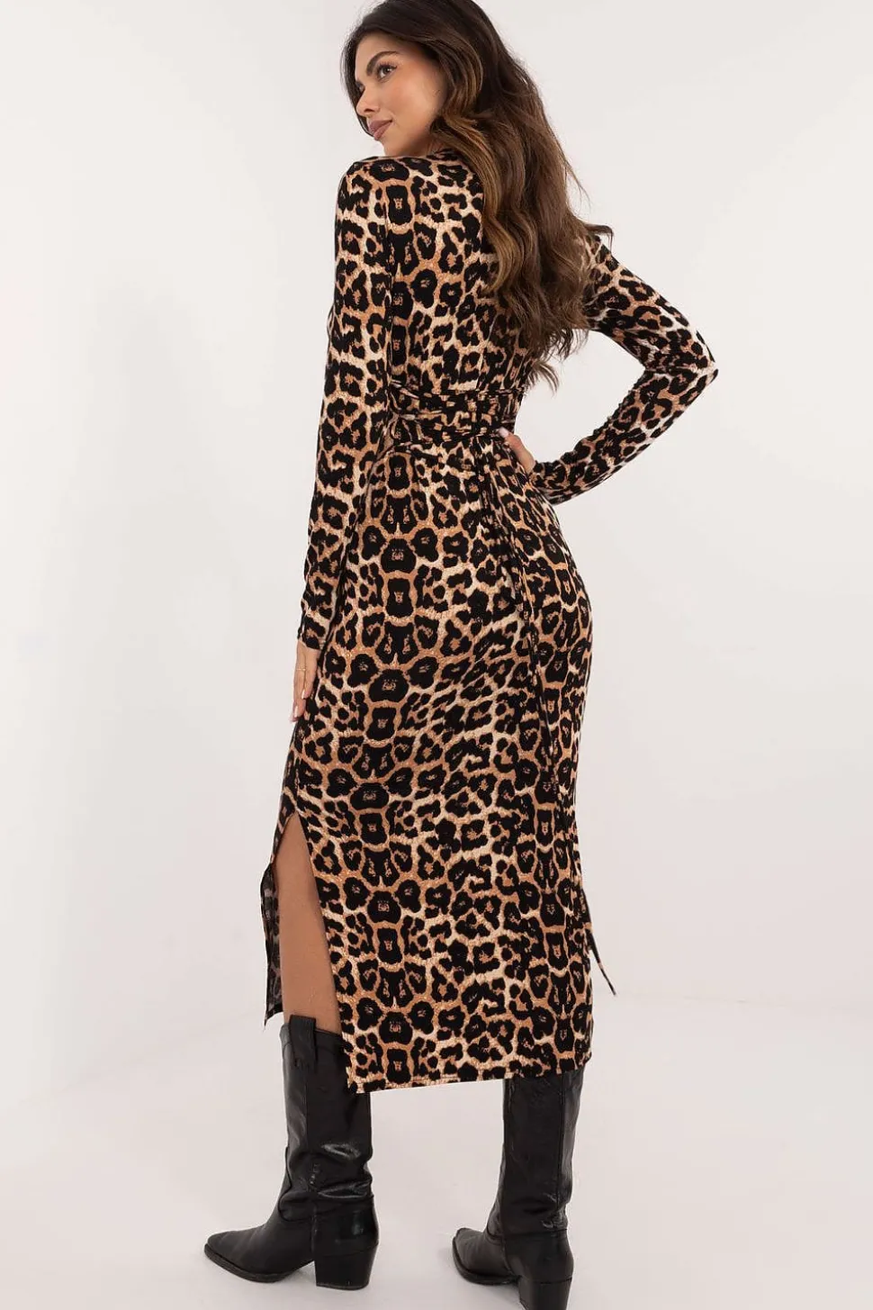 Robe léopard manche longue à nouer dans le dos