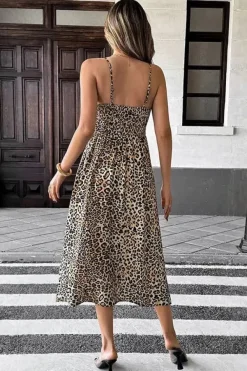 Robe léopard midi fendue à bretelles