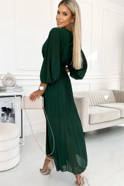 Robe manche longue verte longue plissée