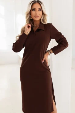 Robe marron midi casual manches longues