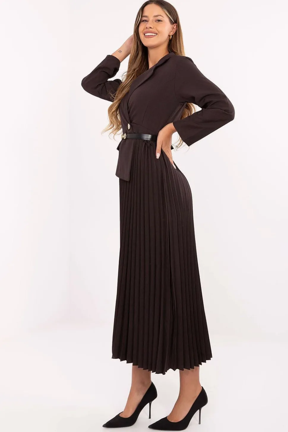 Robe marron midi plissée blazer