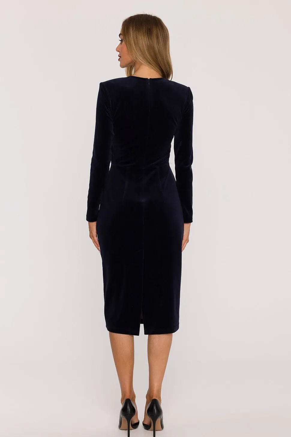 Robe midi bleue en velours chic manches longues