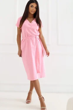 Robe midi casual rose manches courtes