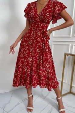Robe midi fleurie rouge avec manches volants