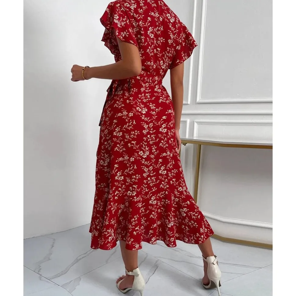 Robe midi fleurie rouge avec manches volants