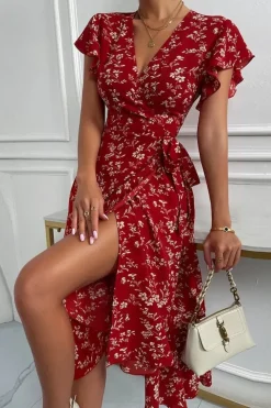 Robe midi fleurie rouge avec manches volants