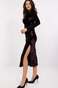 Robe midi manches longues noire à fleurs