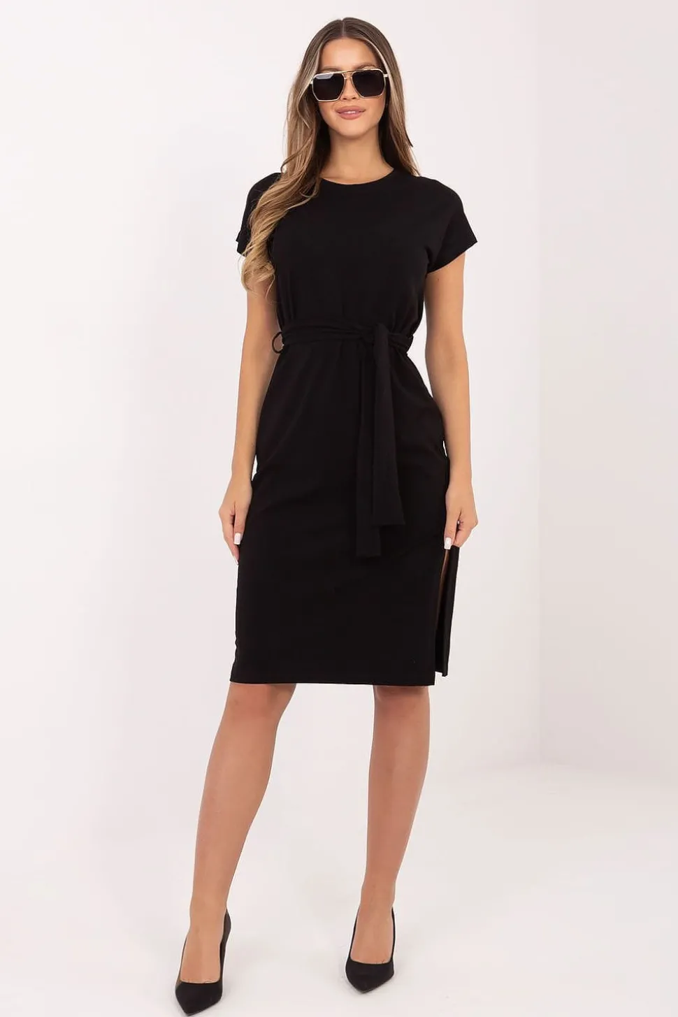Robe midi noire ceinturée casual