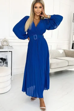Robe midi plissée à encolure enveloppe et large ceinture