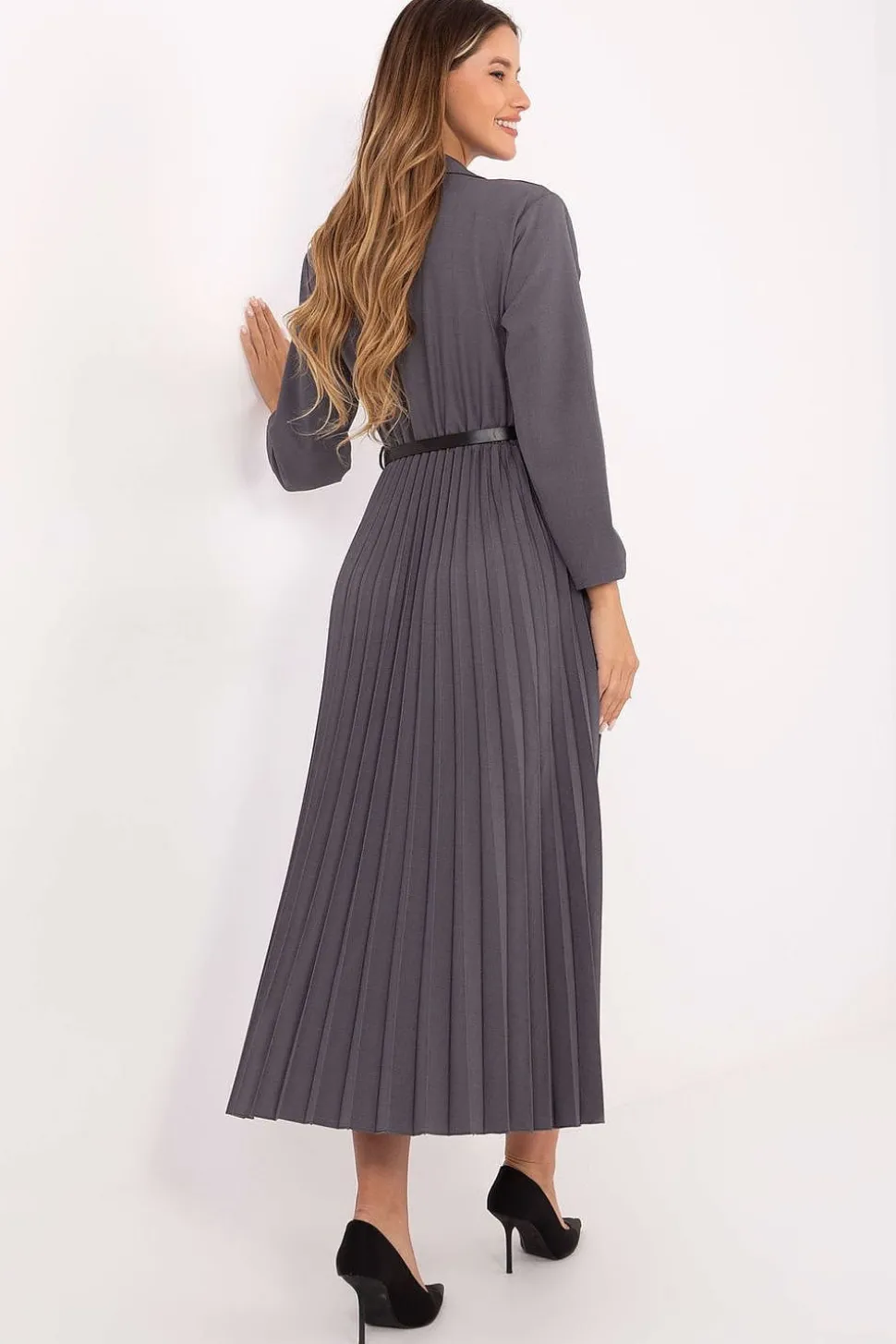 Robe midi plissée grise manches longues