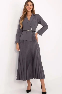 Robe midi plissée grise manches longues