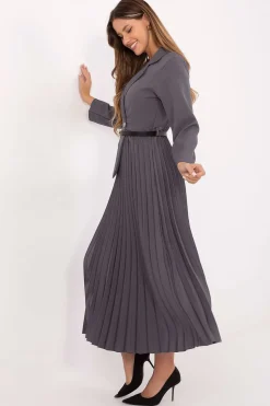 Robe midi plissée grise manches longues