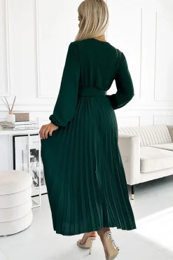 Robe midi plissée verte manches longues et large ceinture
