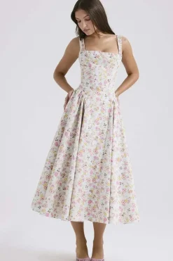 Robe midi évasée fleurie col carré