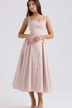 Robe midi évasée fleurie col carré
