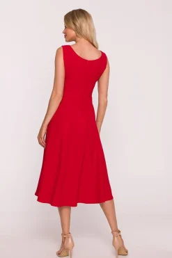 Robe midi évasée rouge sans manches