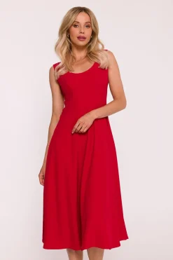 Robe midi évasée rouge sans manches