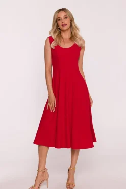 Robe midi évasée rouge sans manches
