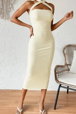 Robe moulante jaune midi sans manches