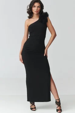 Robe noire asymétrique longue de soirée