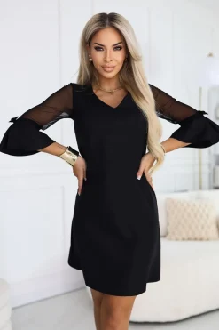 Robe noire courte manches longues en tulle