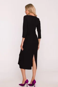 Robe noire midi manches 3/4 et volant décoratif