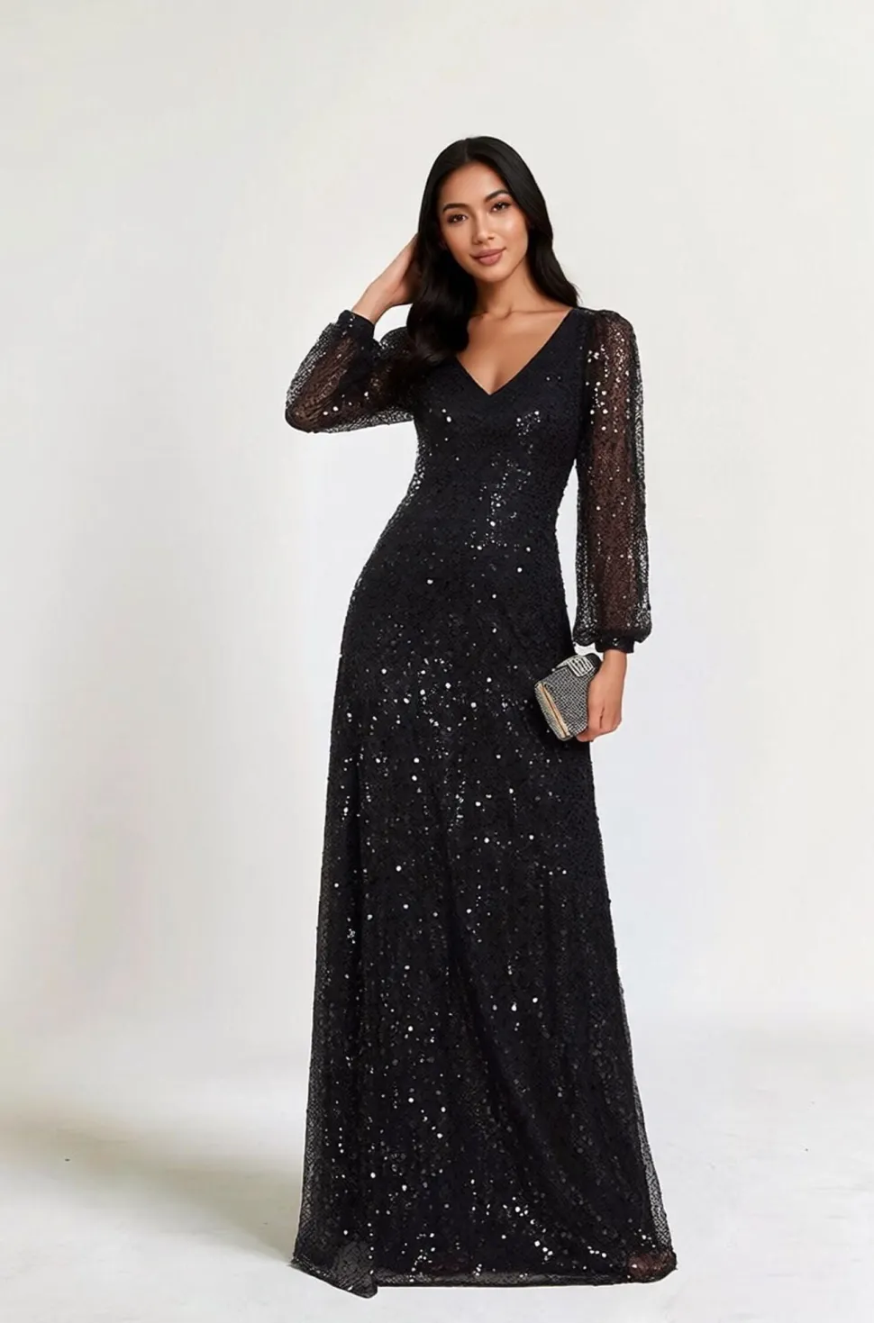 Robe à paillettes à manches longues noire