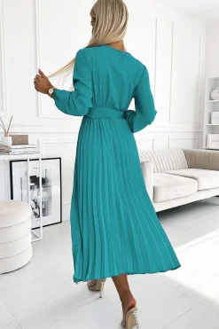 Robe plissée midi turquoise à manches longues