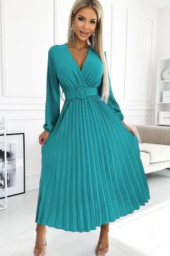 Robe plissée midi turquoise à manches longues